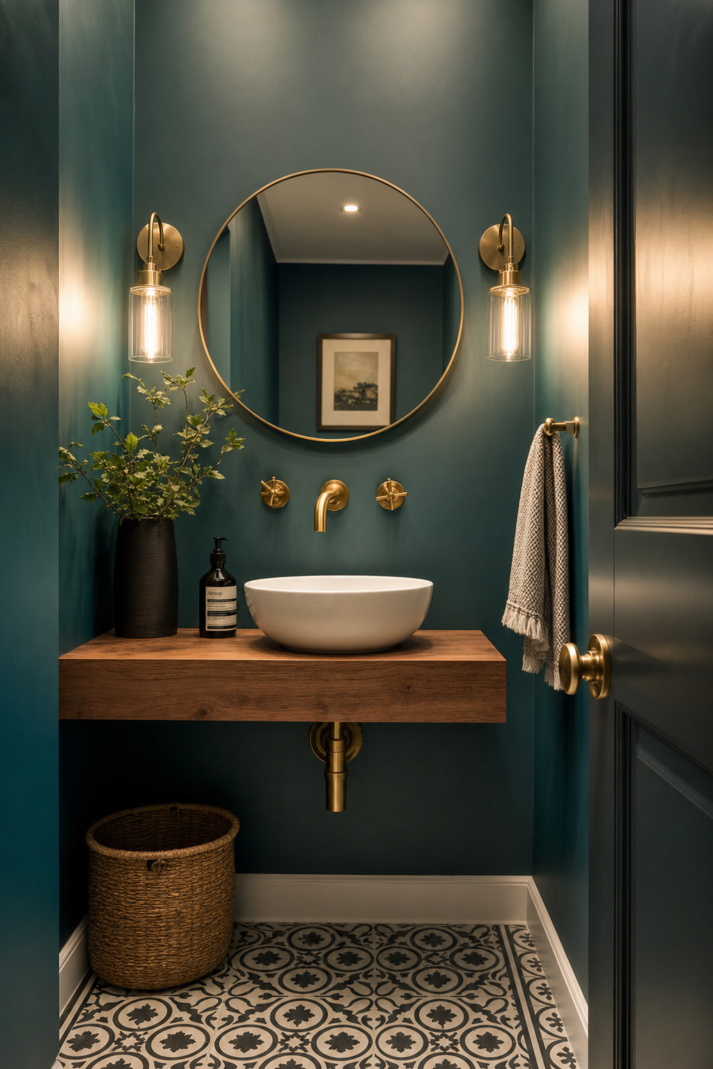 Powder room remodel with deep teal walls and brass fixtures