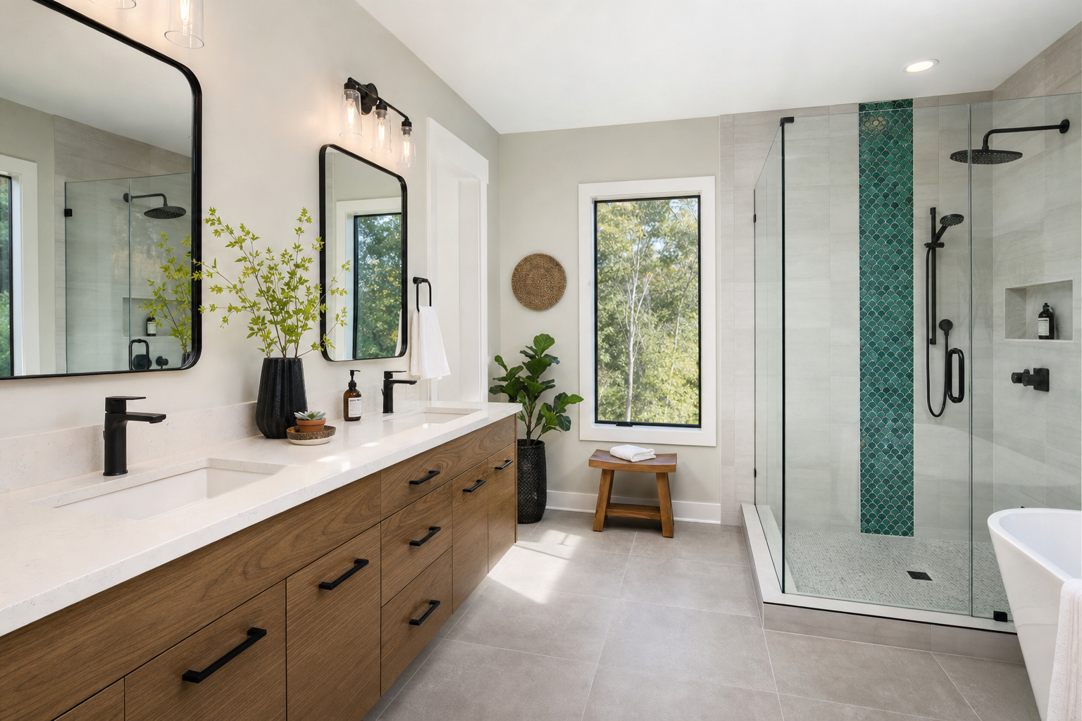 Primary bathroom remodel with double vanity and teal mosaic accent shower