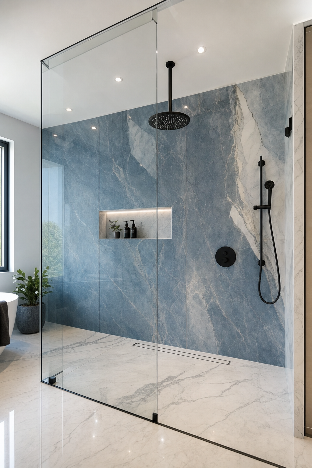 Curbless walk-in shower with slate-blue marble-look tile and glass enclosure