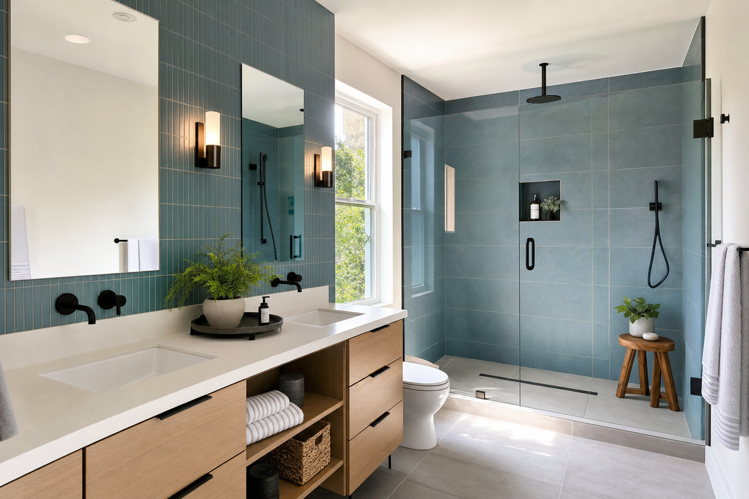 Finished Queens bathroom remodel with teal tile walls, floating wood vanity and walk-in glass shower