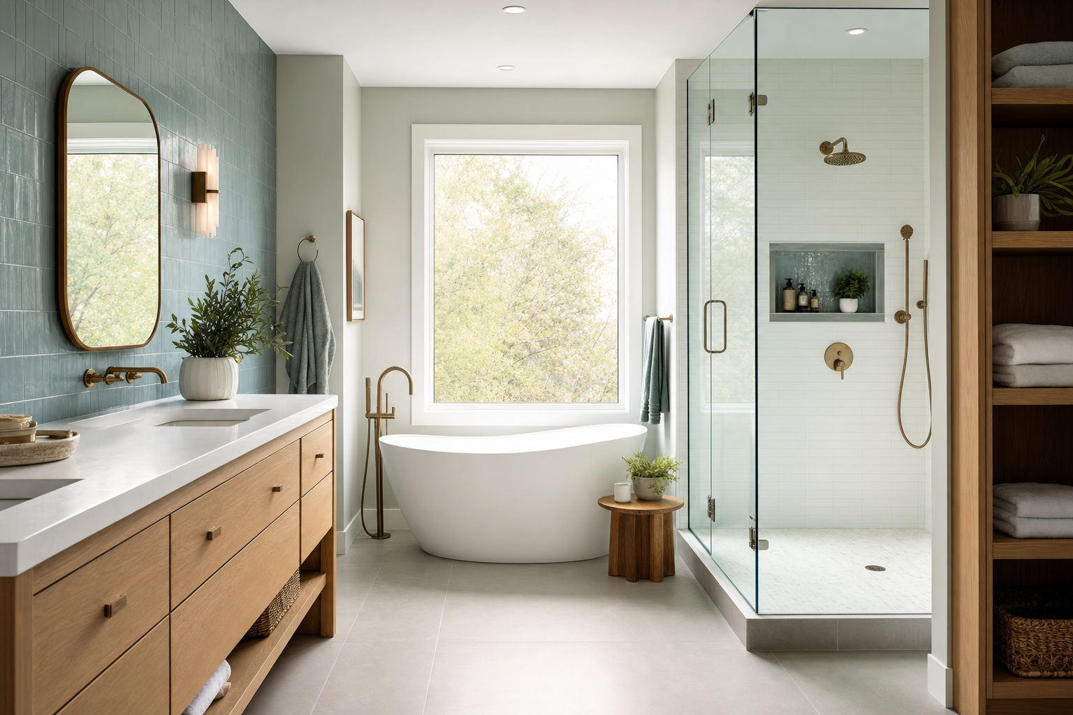 Fully renovated bathroom with freestanding tub, glass shower and warm oak vanity
