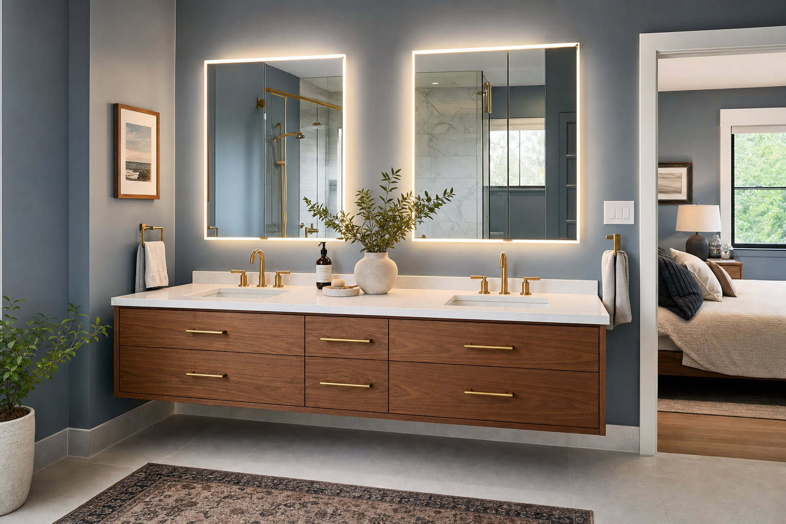 Design inspiration: floating double-sink vanity with backlit LED mirrors